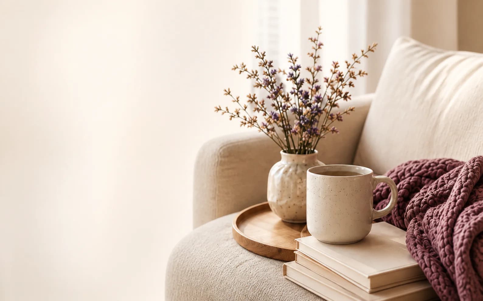 Un intérieur chaleureux avec un plaid prune, des fleurs et une tasse près d’une fenêtre lumineuse